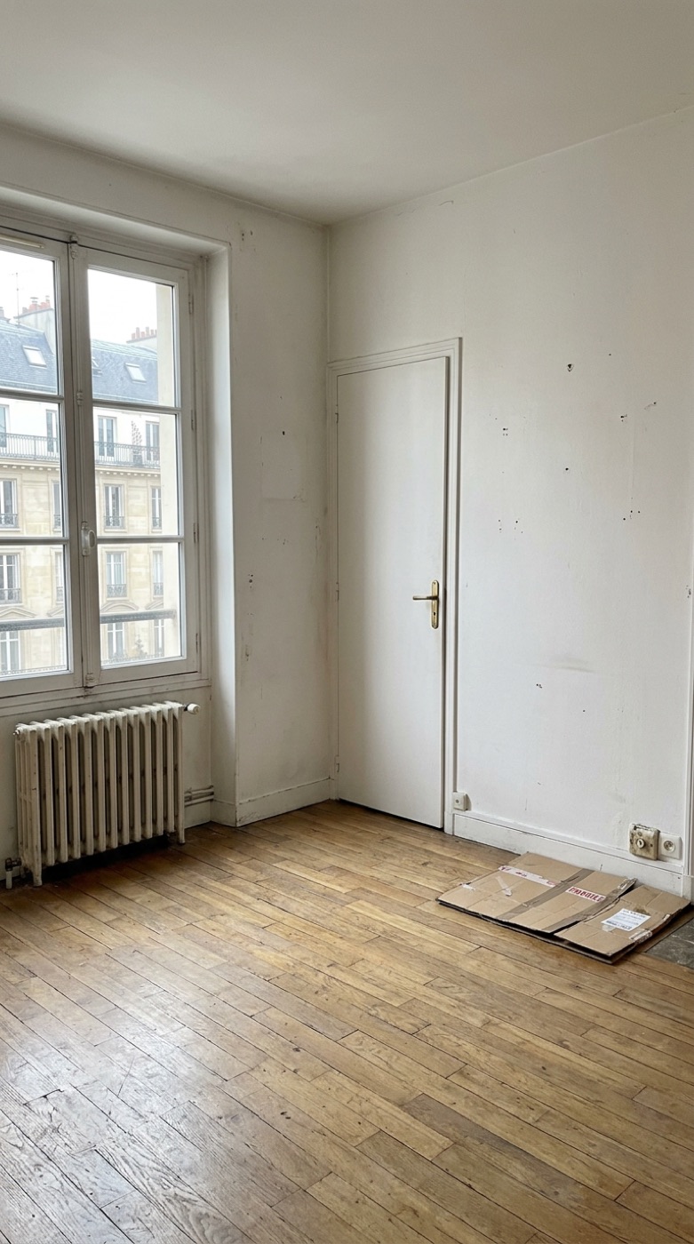 Une chambre vide, murs nus et parquet
